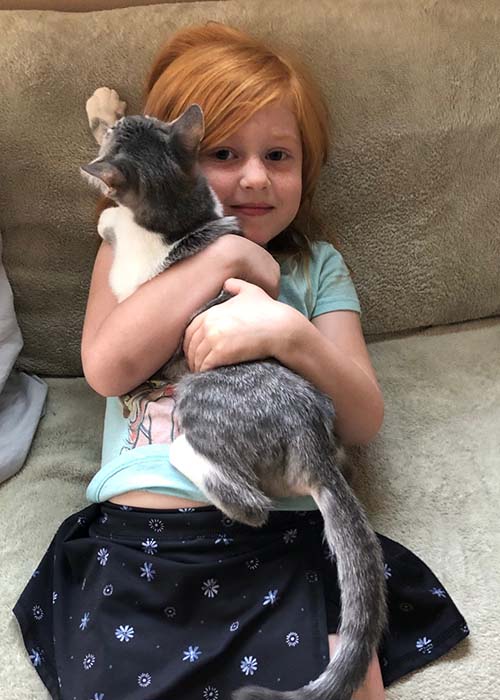 Cute little girl and kitten adoption pic from P.A.W.S. nonprofit in Seymour, TX