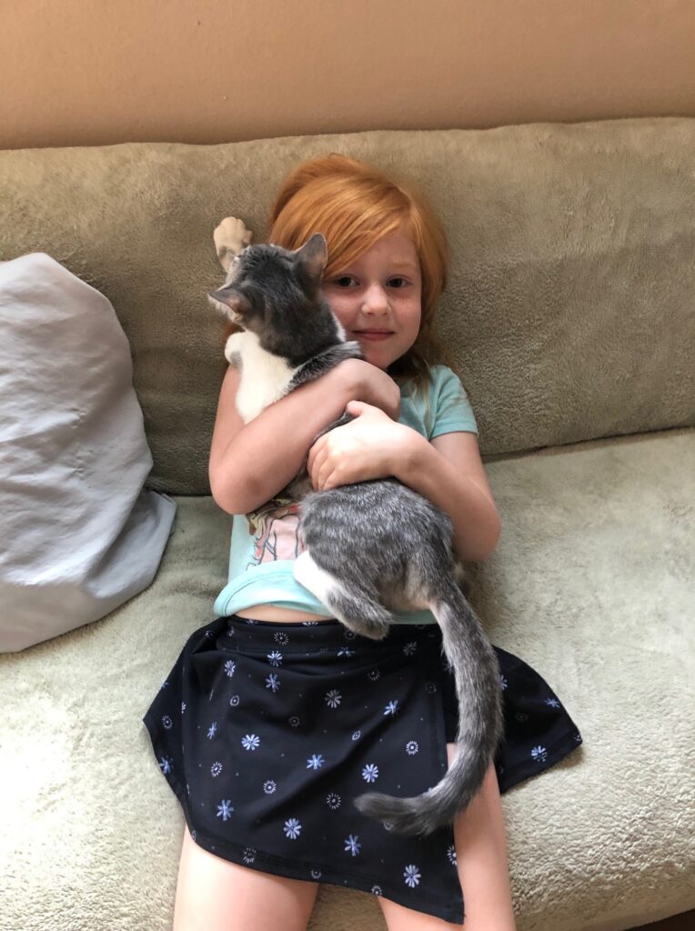 Cute little girl and kitten adoption pic from P.A.W.S. nonprofit in Seymour, TX